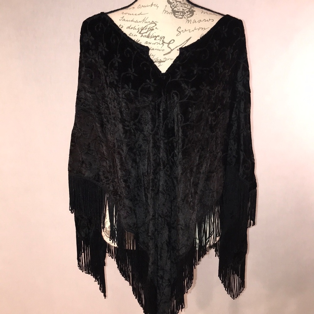Black Velvet Embroidered Poncho with 4” Fringe